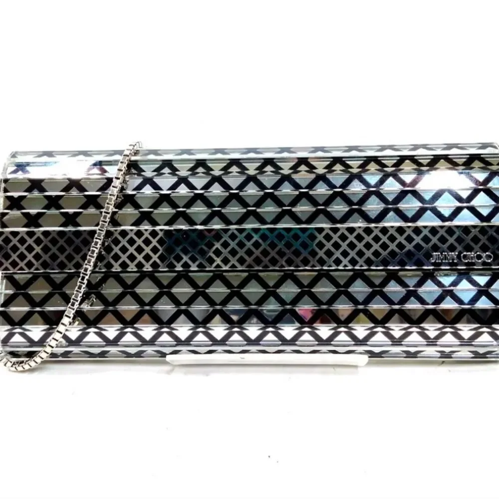 Auth Jimmy Choo Black & Clear Diamond Print Acrylic Sweetie Clutch Silver Chain